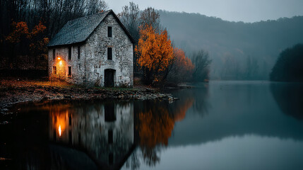 Fototapeta premium An old stone house beside a calm river surrounded by autumn trees and mist.
