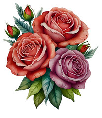 Elegant Watercolor Rose Bouquet Illustration with Red, Pink and Peach Roses on Transparent Background