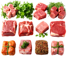 Assorted raw meat cuts with fresh herbs food display on transparent background
