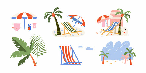 Obraz premium Tropical beach scene with umbrellas lounge chairs and palm trees illustration