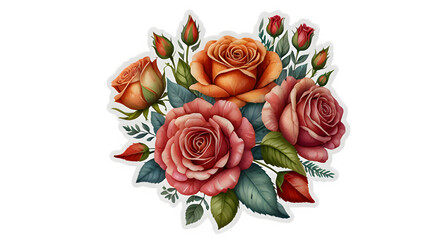 Elegant Watercolor Rose Bouquet Illustration with Red, Pink and Peach Roses on Transparent Background