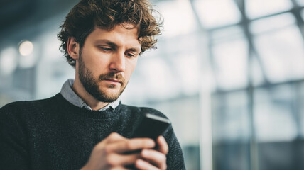 A man focuses intently on his smartphone in a stylish, well-lit environment during the day Generative AI