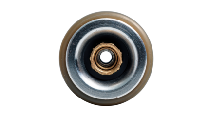 Car tire valve stem detailed view macro, showing the brass core for inflating air in vehicle wheels, transparent background