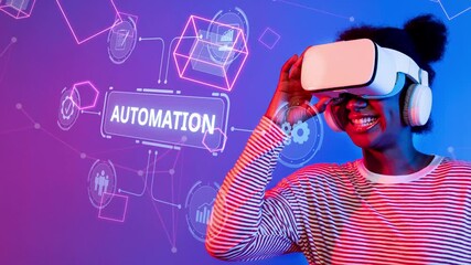 A woman engages in a virtual reality experience, wearing a headset that highlights innovation and automation, embodying modern technology trends and an immersive lifestyle. Raster