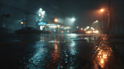 Rain-soaked street at night with blurred lights and reflections