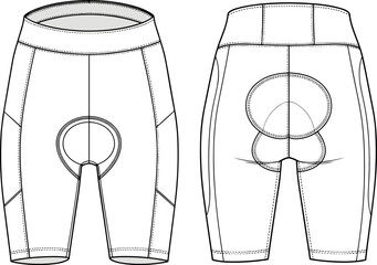 Technical flat vector illustration of women's cycling shorts featuring a padded chamois seat liner side pockets and high waisted compression waistband