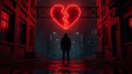 Broken Heart Neon Sign in Dark Rainy Alley