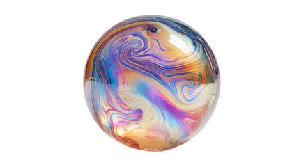 Iridescent soap bubble sphere with swirling colors and abstract patterns, reflecting light on a transparent background