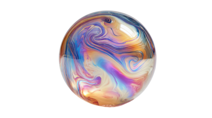 Iridescent soap bubble sphere with swirling colors and abstract patterns, reflecting light on a transparent background