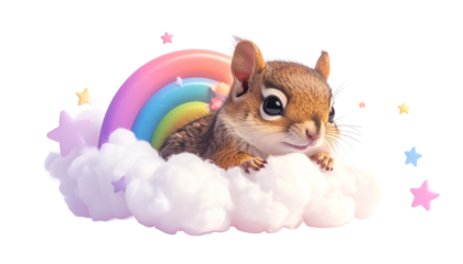 A cartoon chipmunk resting on fluffy clouds with a rainbow and stars