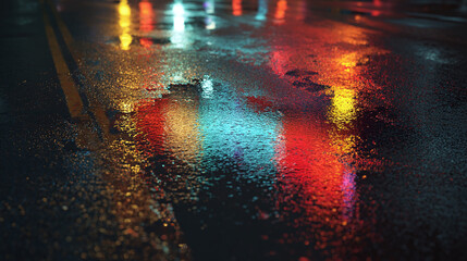 A wet road surface reflecting vibrant city lights after a rain shower
