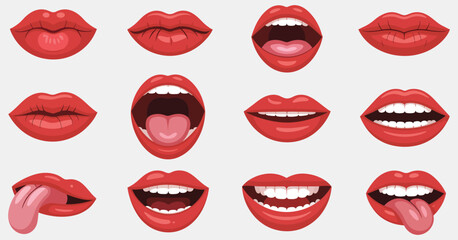 Red lips vector design with sexy woman&rsquo;s lips showing different emotions, such as kiss, smile, biting, licking, half-open mouth, and playful tongue.