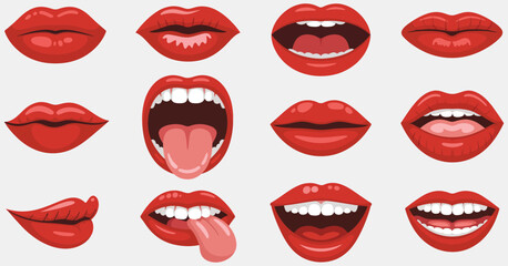 Red lips vector design with sexy woman&rsquo;s lips showing different emotions, such as kiss, smile, biting, licking, half-open mouth, and playful tongue.