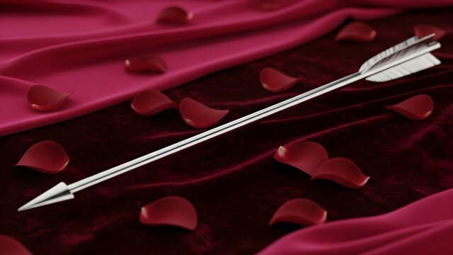 Cupid's Silver Arrow and Rose Petals on Velvet