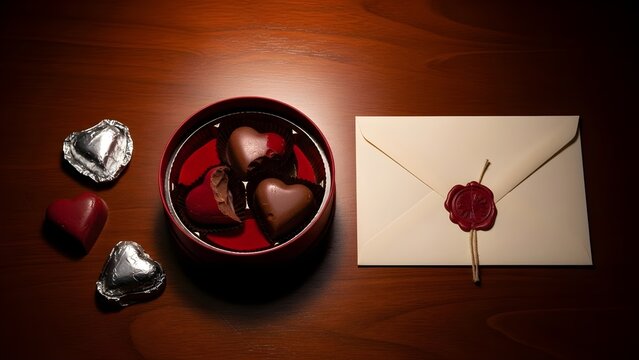 Romantic Heart Chocolates and Sealed Love Letter on Wood