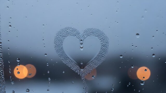 Romantic Heart Drawn on Steamy Window with Bokeh Lights