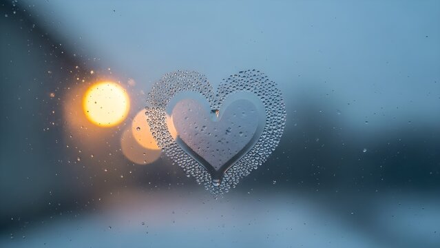 Heart Drawn on Steamy Window with Warm Bokeh Lights