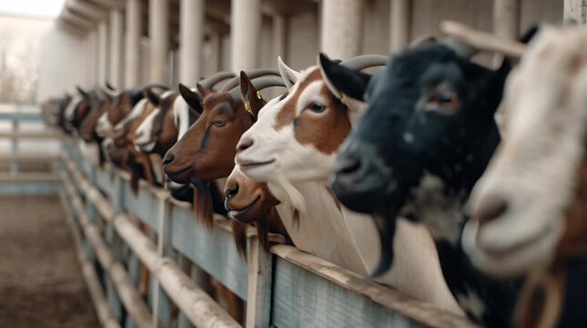 Several cows of different breeds and colors are standing in a row behind a metal fence in a barn.