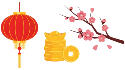 Chinese New Year decoration vector minimal icons of lanterns, coins, and plum blossoms
