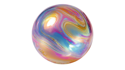 Iridescent soap bubble with rainbow colors and swirling patterns floating on transparent background