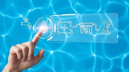 Finger touching holographic interface with water purification icons 
