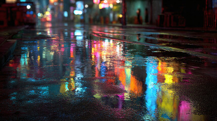 Nighttime cityscape with vibrant reflections on wet asphalt