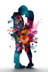 Eternal Embrace: Silhouette of a loving couple embraces, their forms filled with a vibrant display of flowers and cosmic elements, symbolizing the blossoming of love. 
