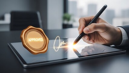 Person Signing Document Digitally on Tablet with Approved Seal digital signature stylus