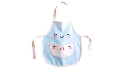 Light blue, smiling face-printed apron with a pocket, white straps, and pink trim