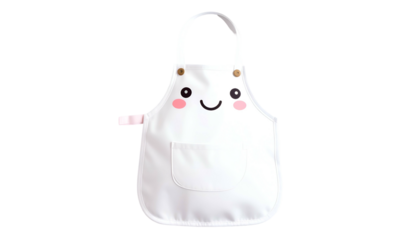 White kid's apron with a cute smiling face and a pocket on the front