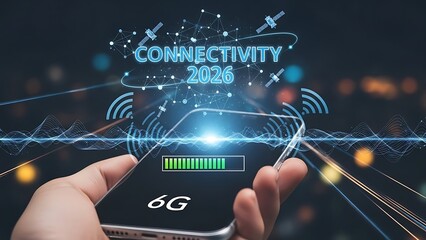 Smartphone displaying 6G connectivity with satellites and network nodes mobile phone technology
