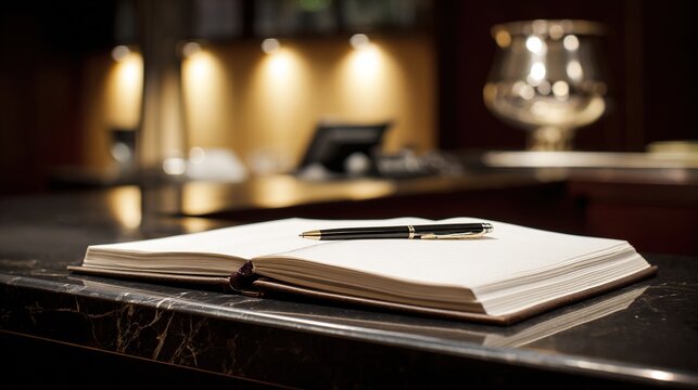 guestbook. Elegant hotel reception desk with a leather-bound guestbook open for signatures. lifestyle magazines, social media lookbooks, designed for lifestyle magazines and social media content.