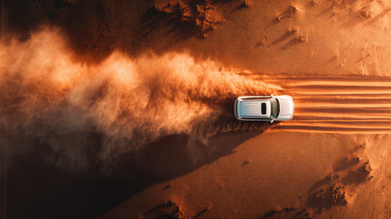 Off-Road Expedition: An adventurous vehicle navigating through a rugged desert terrain, leaving a trail of sand and dust in its wake.