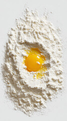 Egg yolk in flour: A vibrant egg yolk nestled within a bed of pristine flour, an invitation to the culinary arts, offering a glimpse of the building blocks of delicious dishes.