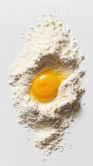 Egg yolk and Flour: Capturing the simple elegance of culinary preparations. A vibrant egg yolk nestles within a pristine bed of flour, ready for the artistry of cooking. 