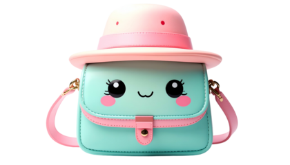 Pastel teal satchel with kawaii face, pink details, hat, and shoulder strap