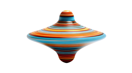 Colorful spinning top rotating, creating motion blur effect with vibrant stripes on transparent background
