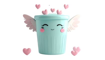 A cartoon trash receptacle with wings, a smiling face, and floating hearts on black
