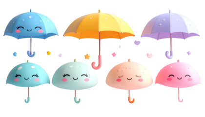 Adorable illustrated umbrellas in various colors, with smiling faces and small hearts