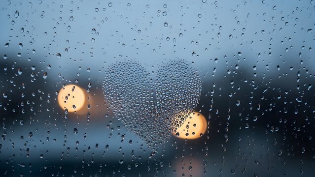 Romantic Heart Shape of Raindrops on Wet Window Glass