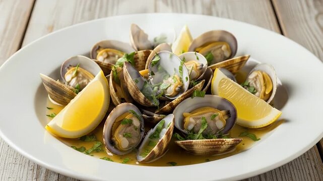 Steamed Clams with Parsley and Lemon Wedges on White Plate over Wooden Table Top