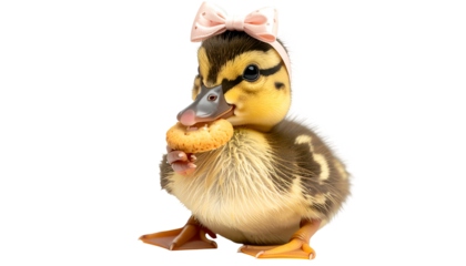 A fluffy duckling with a pink bow eating a small cookie, isolated against a transparent background