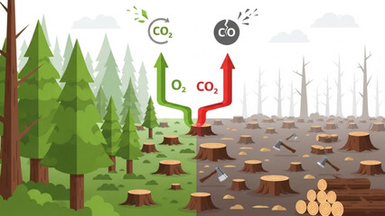 Deforestation causes environmental damage and climate change with loss of trees and green landscape turning to barren land with stumps and pollution with ecology