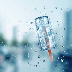 Frozen Delight: A refreshing ice pop, composed of crystal-clear ice cubes, rests on a wooden stick, surrounded by glistening water droplets. The image evokes a sense of coolness and summer fun.