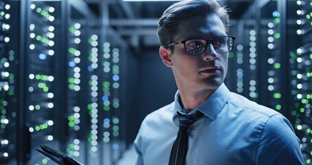 IT professional analyzing data in a server room filled with blinking lights and technology