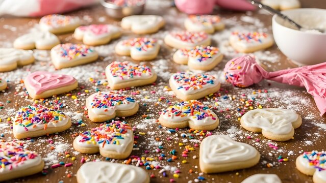 Delicious Heart-Shaped Sugar Cookies with Sprinkles and Icing