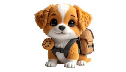 Adorable cartoon puppy with a backpack and cookie, smiling on a transparent background