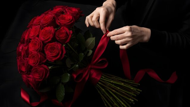 Hands Tying Ribbon on Elegant Red Rose Bouquet