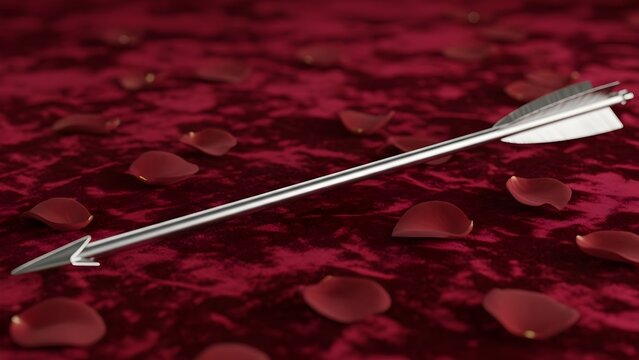 Romantic Silver Arrow and Rose Petals on Red Velvet