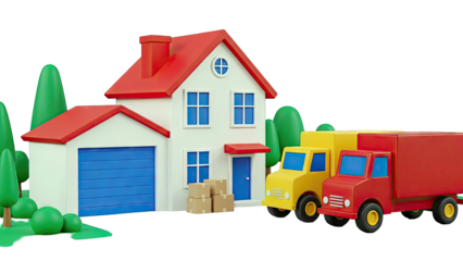 Moving Day Scene with House, Trucks, Boxes, and Trees